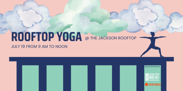 promotional image for rooftop yoga. Shows a silhouette of someone in a warrior pose on the top of a rootop